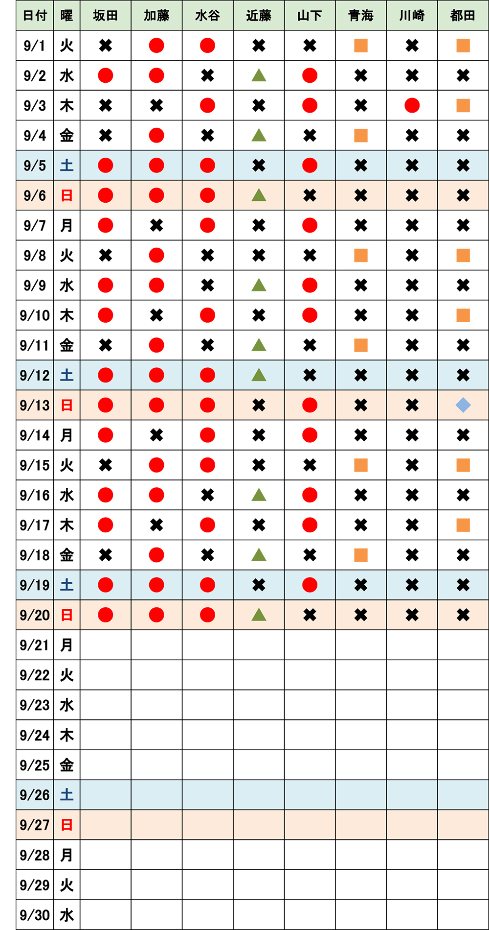 2026年9月1日から20日までのシエスタ瀬戸西店スタッフ出勤表